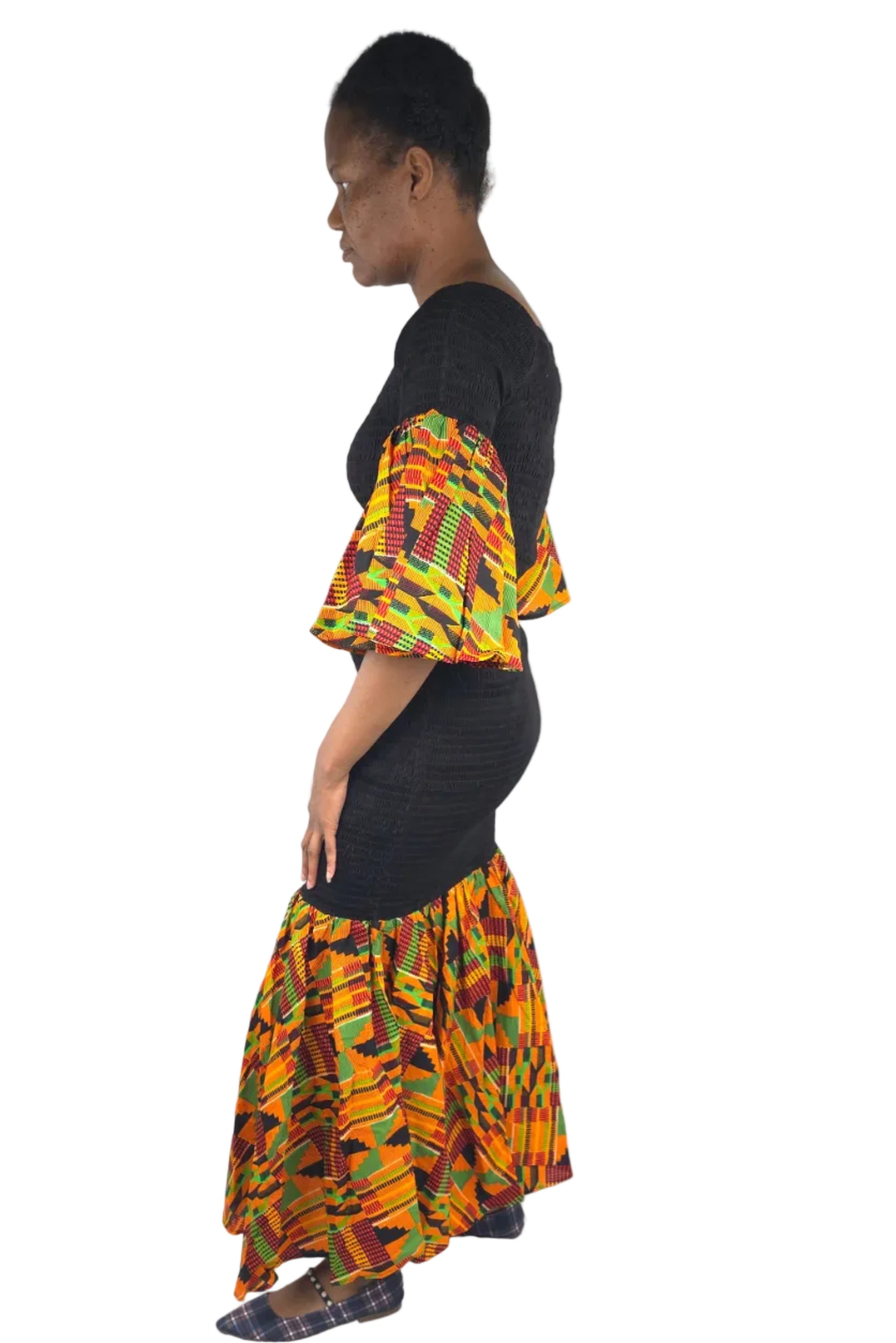 Kente Trim Black Long Smocked Mermaid/Fish Tail Dress