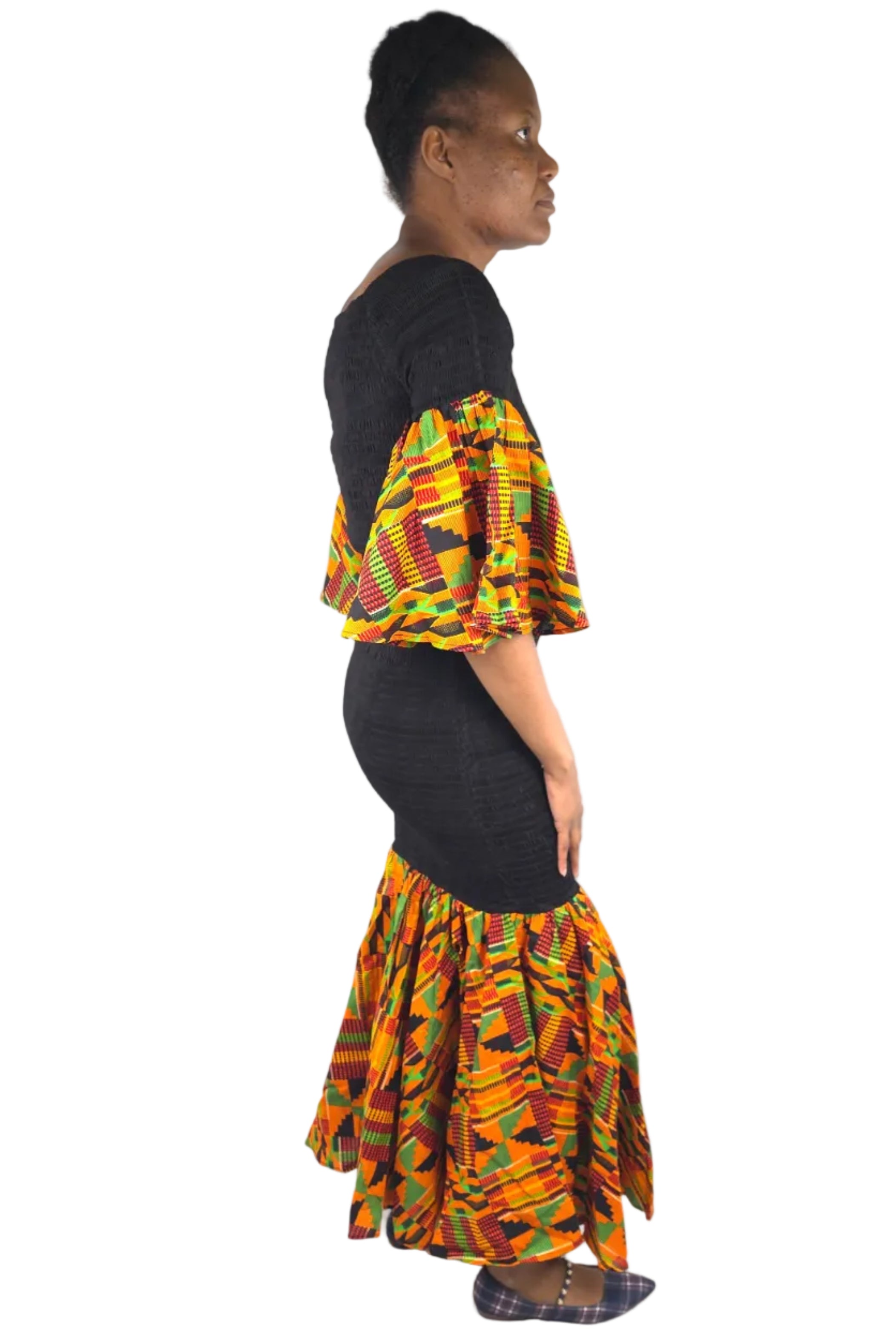 Kente Trim Black Long Smocked Mermaid/Fish Tail Dress