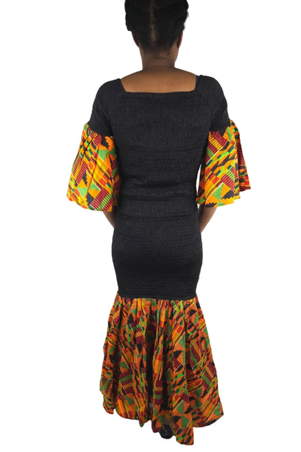 Kente Trim Black Long Smocked Mermaid/Fish Tail Dress