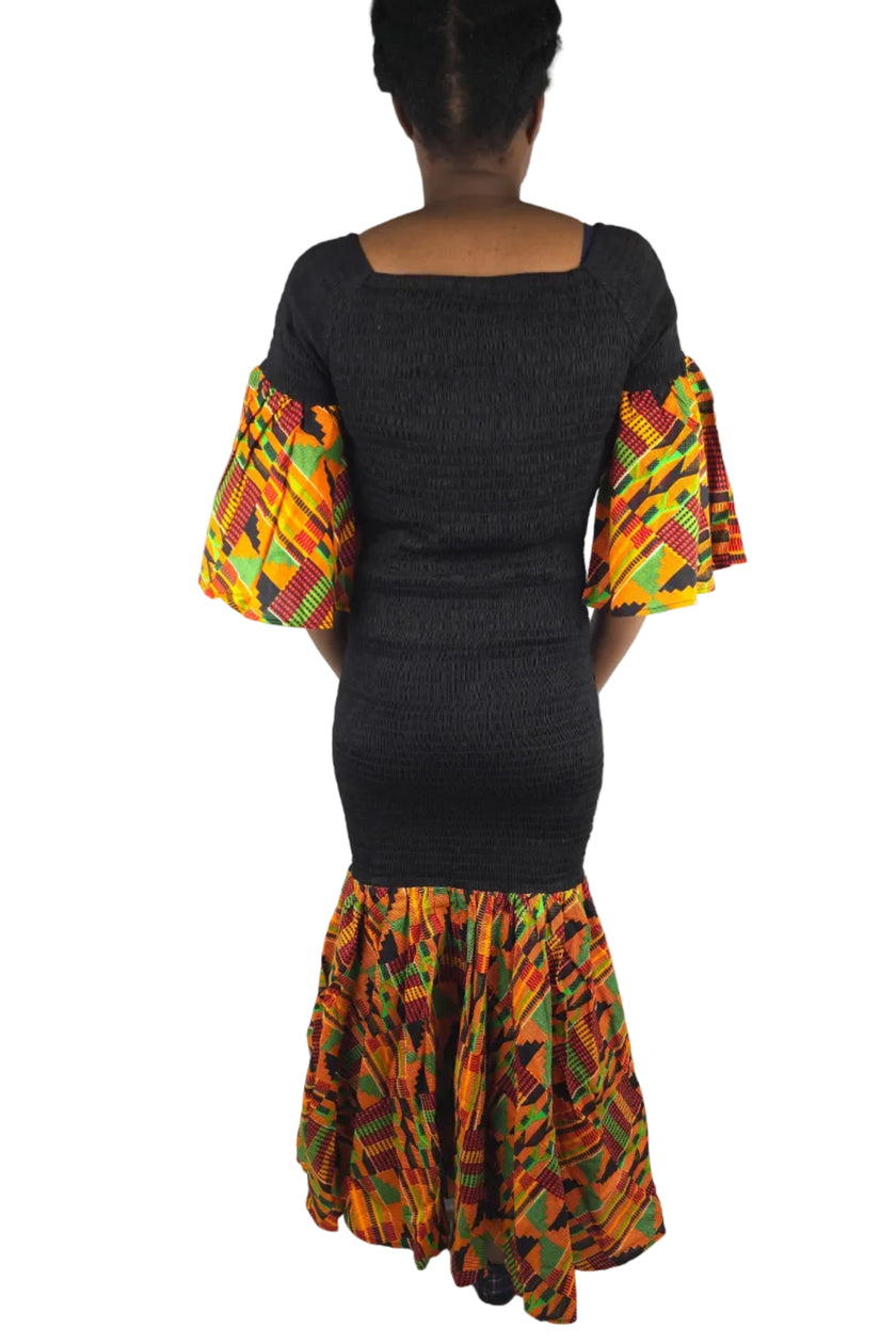 Kente Trim Black Long Smocked Mermaid/Fish Tail Dress