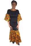 Kente Trim Black Long Smocked Mermaid/Fish Tail Dress