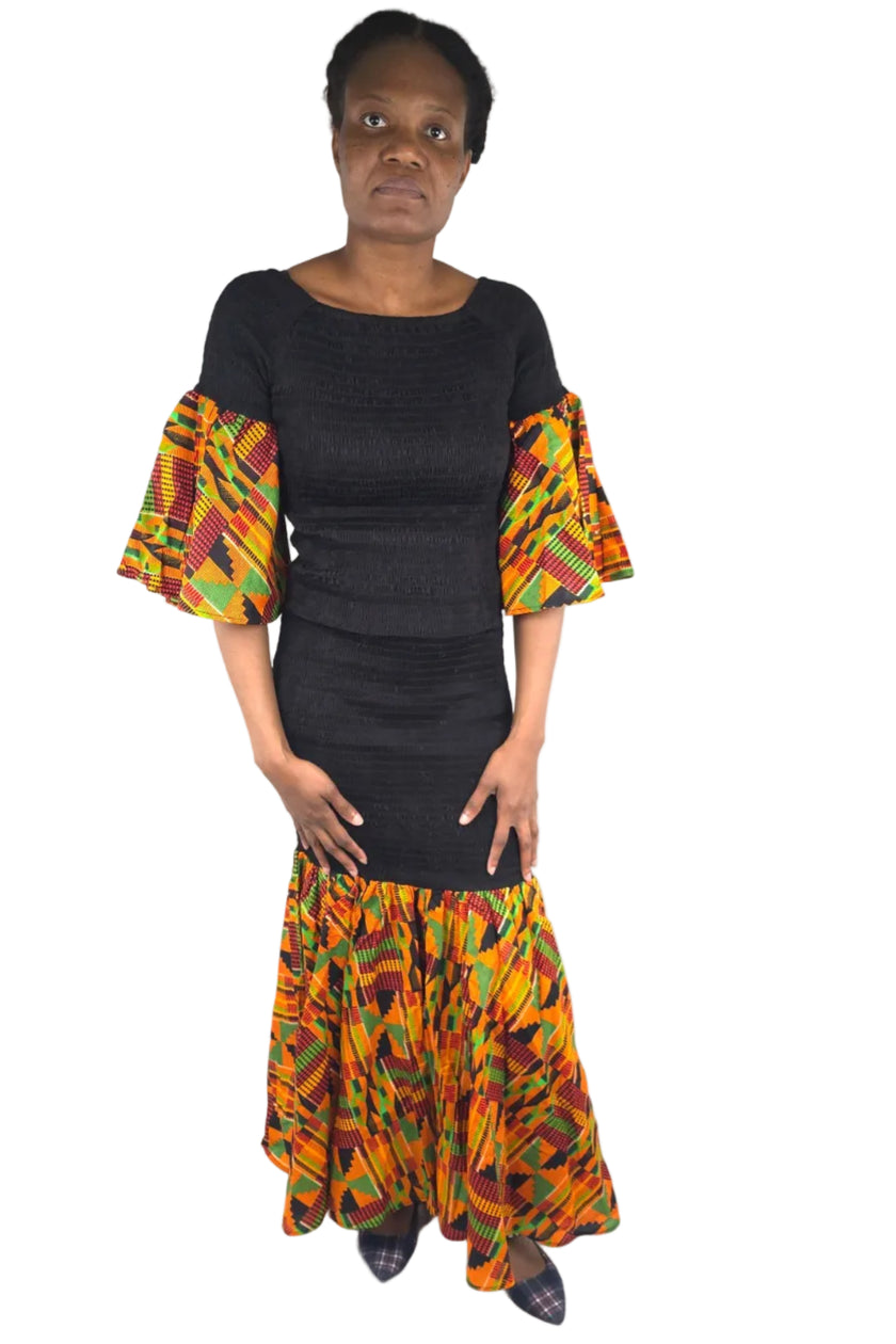 Kente Trim Black Long Smocked Mermaid/Fish Tail Dress