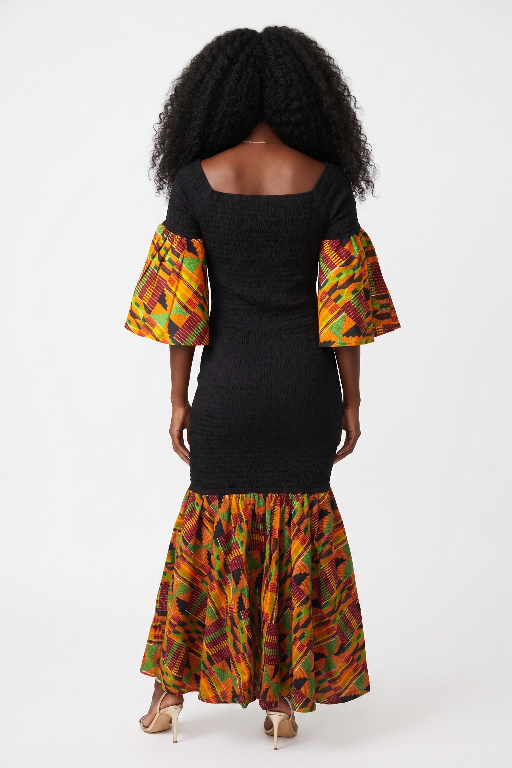 Kente Trim Black Long Smocked Mermaid/Fish Tail Dress