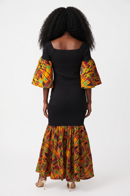 Kente Trim Black Long Smocked Mermaid/Fish Tail Dress