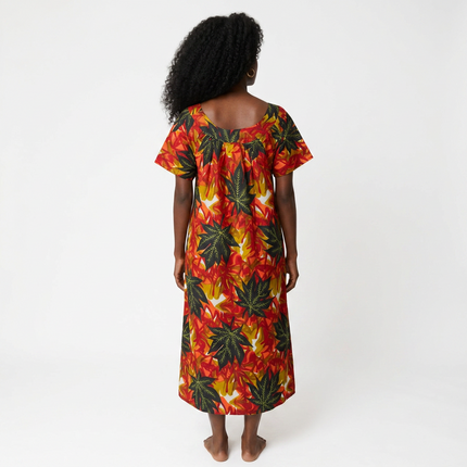 Short-Sleeve Botanical Leaf Ankara House Dress