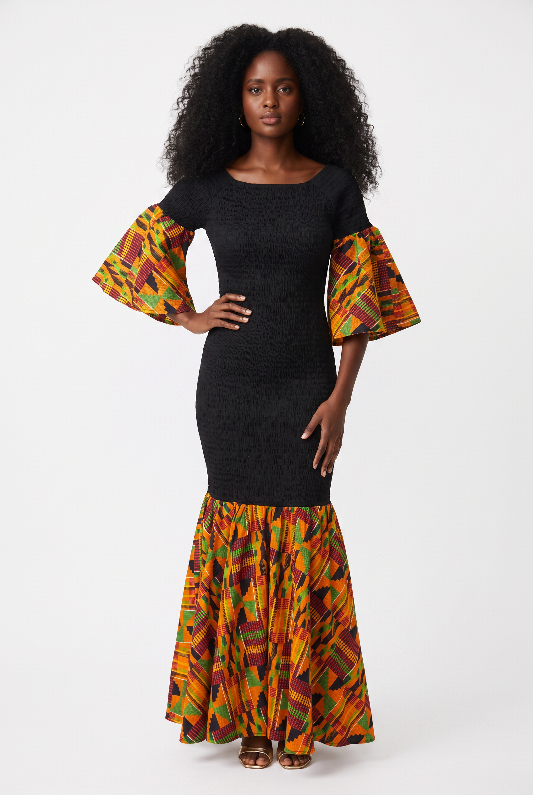 Kente Trim Black Long Smocked Mermaid/Fish Tail Dress