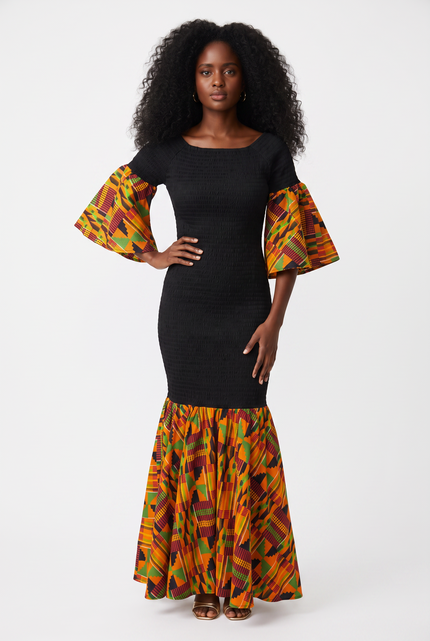 Kente Trim Black Long Smocked Mermaid/Fish Tail Dress