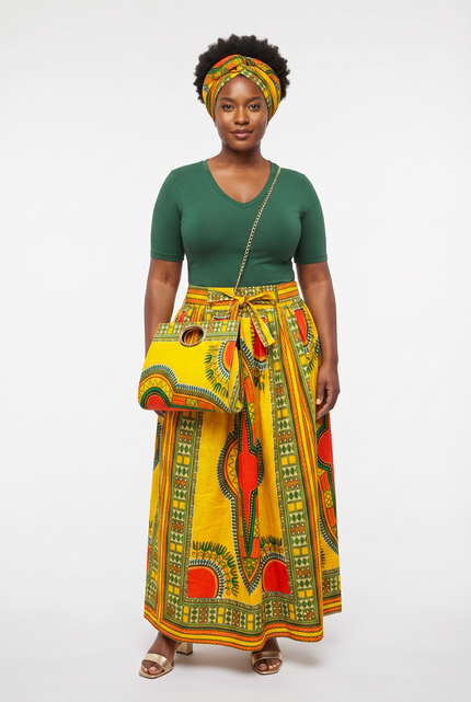 Yellow Dashiki Maxi Skirt & Handbag Set
