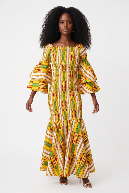 Yellow Vertical Kente Smocked Mermaid Dress