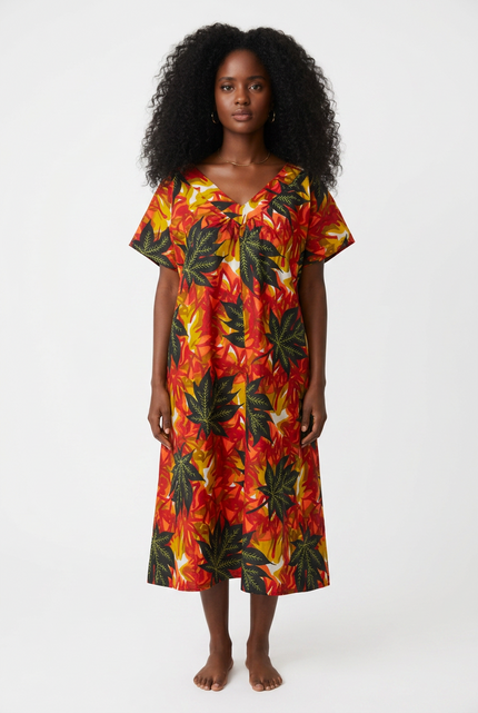 Short-Sleeve Botanical Leaf Ankara House Dress