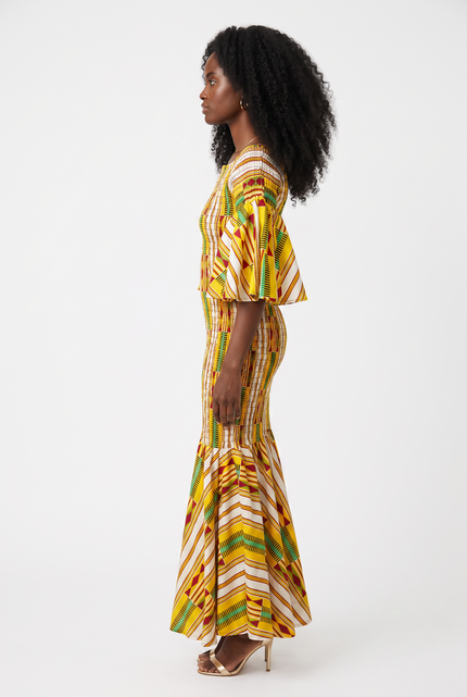Yellow Vertical Kente Smocked Mermaid Dress