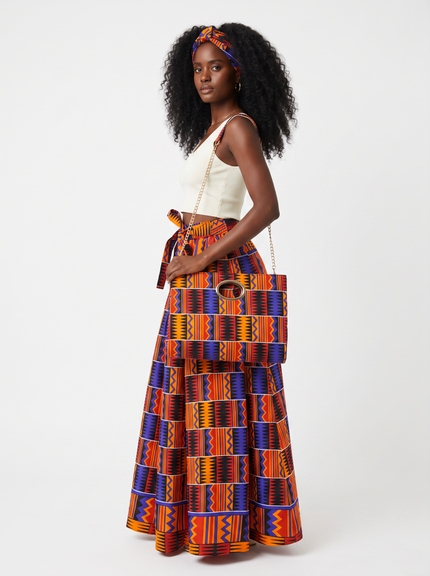 Royal Blue & Orange Kente Maxi Skirt Set