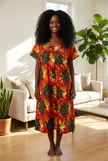 Short-Sleeve Botanical Leaf Ankara House Dress