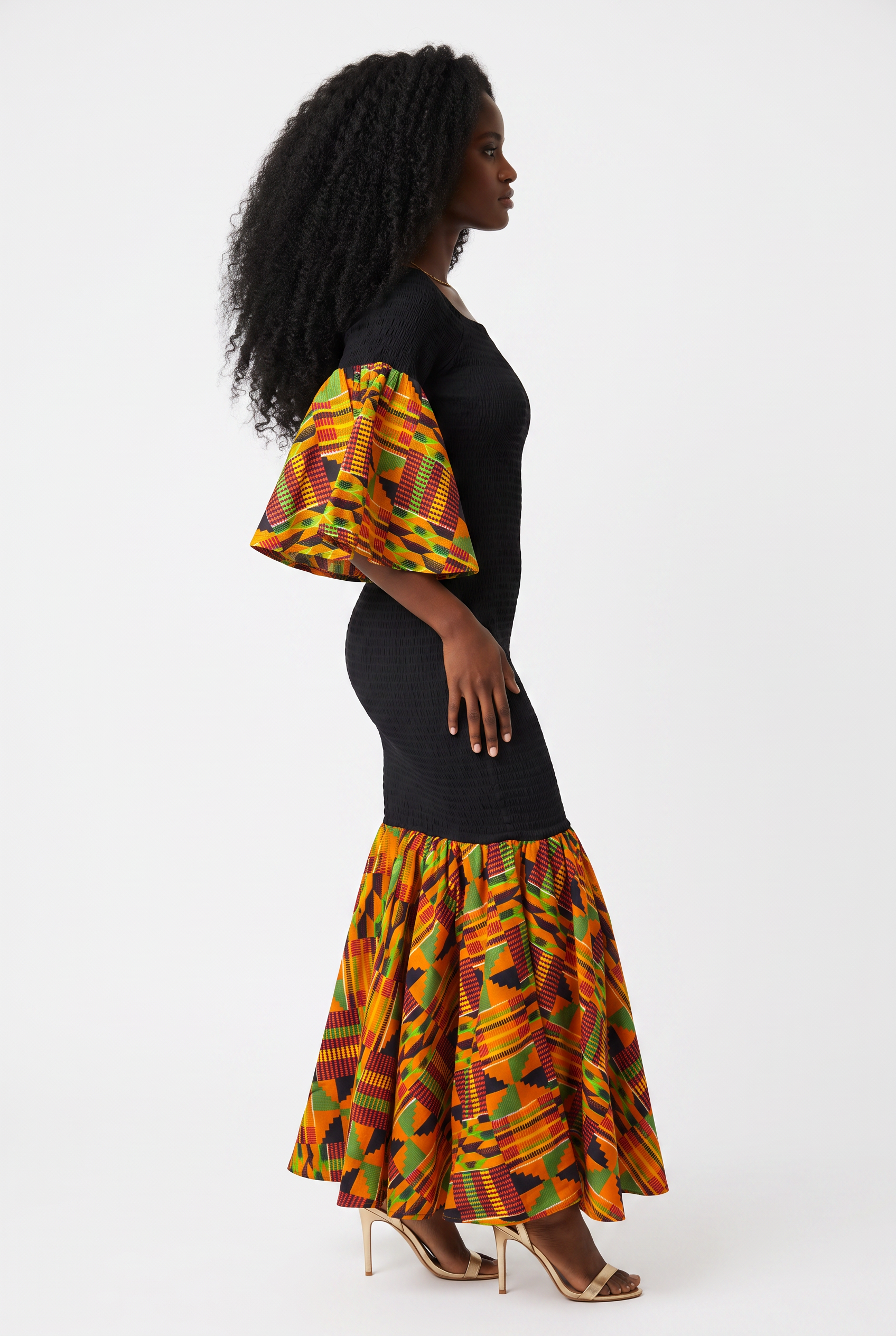 Kente Trim Black Long Smocked Mermaid/Fish Tail Dress